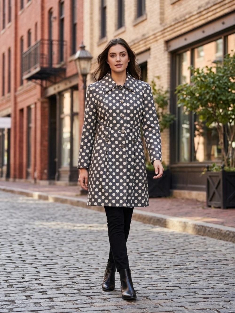 Nuage Polka Dot Lightweight Trench Rain Coat Jacket Charcoal Grey & Cream Sz M